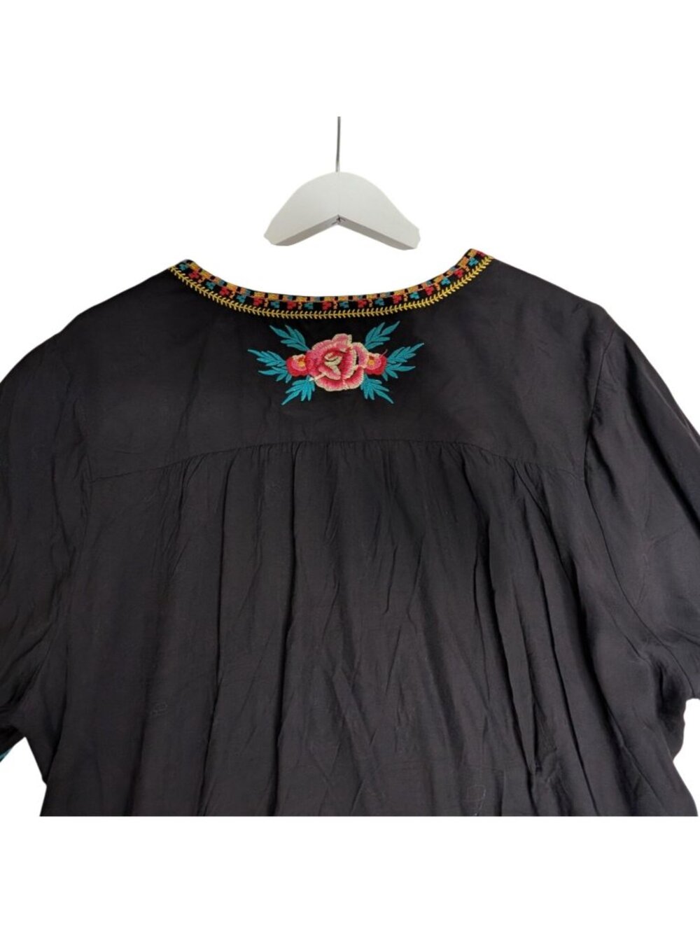 Boho Embroidered Black Mini Dress V Neck Short Sleeve Floral Casual Peasant XL S - Picture 11 of 13